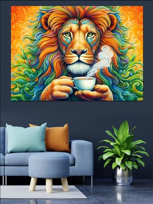 Kahve Içen Aslan Dekoratif Kanvas - Mdf Ahşap Tablo