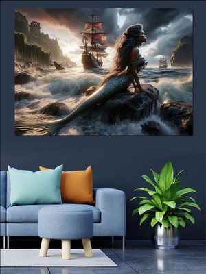 Deniz Kızı ve Gemiler Dekoratif Kanvas - Mdf Ahşap Tablo