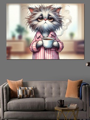 Çay Içen Kedi Dekoratif Kanvas - Mdf Ahşap Tablo