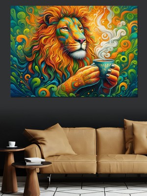 Kahve Içen Aslan Dekoratif Kanvas - Mdf Ahşap Tablo