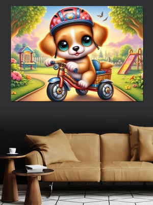 Bisiklet Süren Köpek Yavrusu Dekoratif Kanvas - Mdf Ahşap Tablo