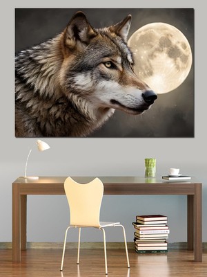 Dolunaylı Kurt Dekoratif Kanvas - Mdf Ahşap Tablo