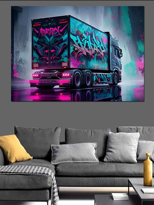 Neon Işıklı Tır Tasarımı Dekoratif Kanvas - Mdf Ahşap Tablo