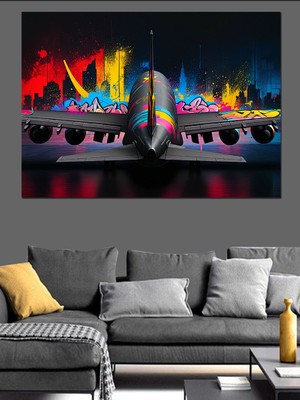 Gece Yolcu Uçağı Dekoratif Kanvas - Mdf Ahşap Tablo
