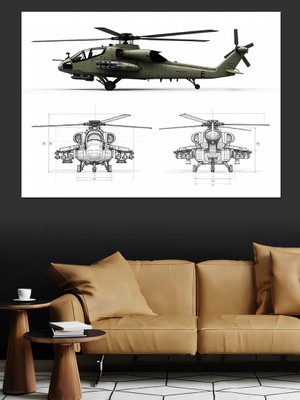 Askeri Helikopter Planı Dekoratif Kanvas - Mdf Ahşap Tablo