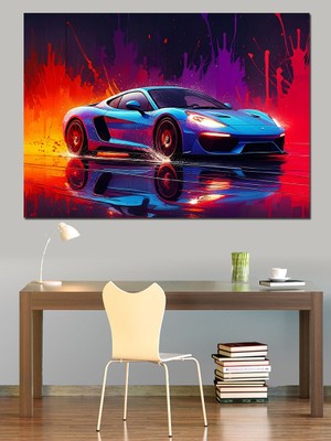 Mavi Spor Araba Işıklar Dekoratif Kanvas - Mdf Ahşap Tablo
