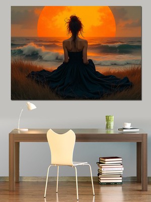 Gün Batımında Oturan Kadın Dekoratif Kanvas - Mdf Ahşap Tablo