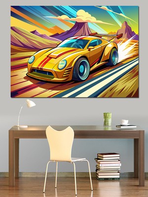 Sarı Spor Araba Dekoratif Kanvas - Mdf Ahşap Tablo