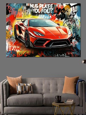 Grafitili Kırmızı Spor Araba Dekoratif Kanvas - Mdf Ahşap Tablo