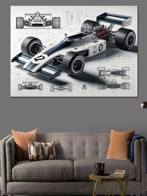 Beyaz Yarış Arabası Çizimi Dekoratif Kanvas - Mdf Ahşap Tablo