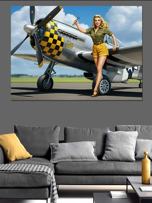 Sarı Uçak ve Kadın Figürü Dekoratif Kanvas - Mdf Ahşap Tablo
