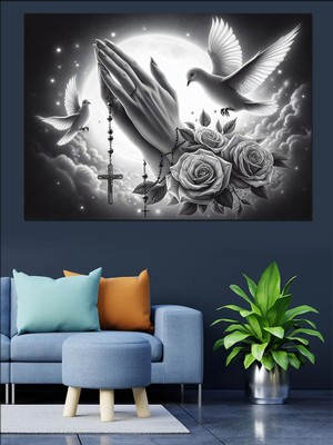 Dua Eden El ve Kuş Dekoratif Kanvas - Mdf Ahşap Tablo