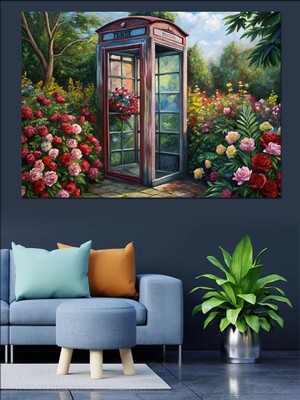 Kırmızı Telefon Kulübesi ve Çiçekler Dekoratif Kanvas - Mdf Ahşap Tablo