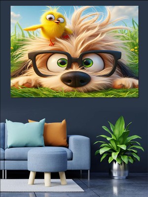 Gözlüklü Köpek ve Kuş Dekoratif Kanvas - Mdf Ahşap Tablo