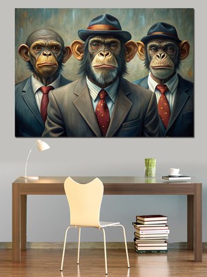 Takım Elbiseli Maymunlar Dekoratif Kanvas - Mdf Ahşap Tablo