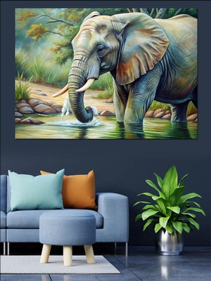 Fil ve Nehir Dekoratif Kanvas - Mdf Ahşap Tablo