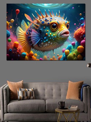 Sevimli Balon Balığı Dekoratif Kanvas - Mdf Ahşap Tablo