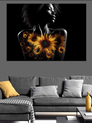 Ayçiçekleri ve Kadın Dekoratif Kanvas - Mdf Ahşap Tablo