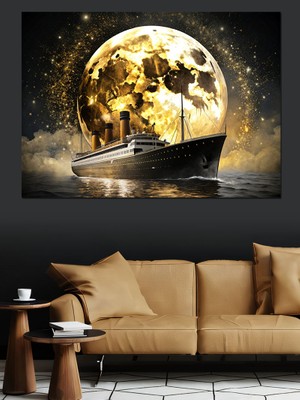 Dolunay ve Gemi Dekoratif Kanvas - Mdf Ahşap Tablo