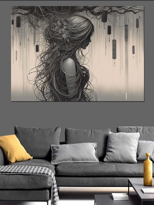 Uzun Saçlı Kız ve Ağaç Dekoratif Kanvas - Mdf Ahşap Tablo