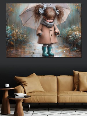 Şemsiye ve Küçük Kız Dekoratif Kanvas - Mdf Ahşap Tablo