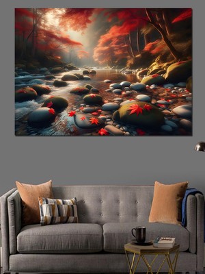 Ormandaki Göl ve Kırmızı Yapraklar Dekoratif Kanvas - Mdf Ahşap Tablo