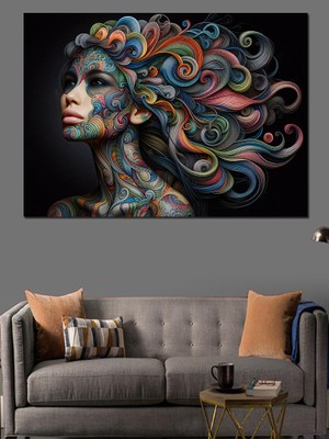 Desenli Kadın ve Saçları Dekoratif Kanvas - Mdf Ahşap Tablo