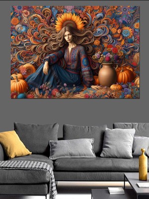 Bal Kabakları Çiçekler ve Kadın Dekoratif Kanvas - Mdf Ahşap Tablo