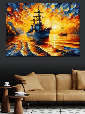Gün Batımında Gemi Dekoratif Kanvas - Mdf Ahşap Tablo