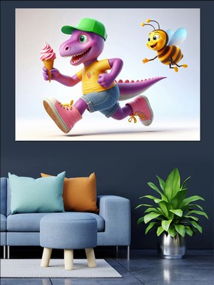 Dondurma Yiyen Dinazor ve Arı Dekoratif Kanvas - Mdf Ahşap Tablo