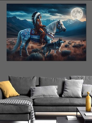 Beyaz Atlı Kızılderili ve Bozkurt Dekoratif Kanvas - Mdf Ahşap Tablo