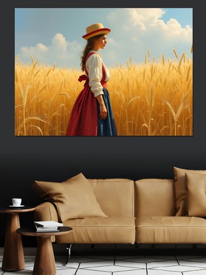 Buğday Tarlasında Kadın Dekoratif Kanvas - Mdf Ahşap Tablo