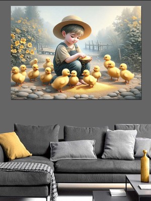 Ördeklerle Oturan Çocuk Dekoratif Kanvas - Mdf Ahşap Tablo