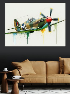 Eski Savaş Uçağı Dekoratif Kanvas - Mdf Ahşap Tablo
