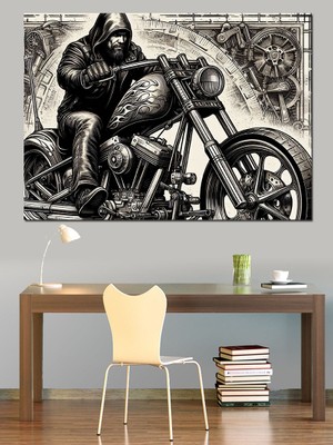 Motosikletçi Çizimi Dekoratif Kanvas - Mdf Ahşap Tablo