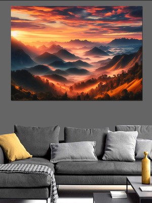 Dağ Manzarasında Gün Batımı Dekoratif Kanvas - Mdf Ahşap Tablo
