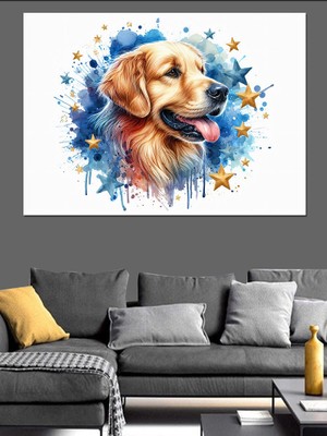 Golden Cinsi Köpek ve Yıldızlar Dekoratif Kanvas - Mdf Ahşap Tablo