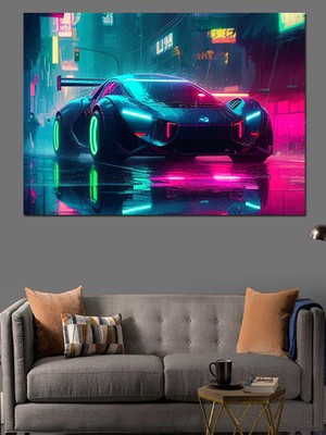 Neon Işıklı Spor Araba Dekoratif Kanvas - Mdf Ahşap Tablo