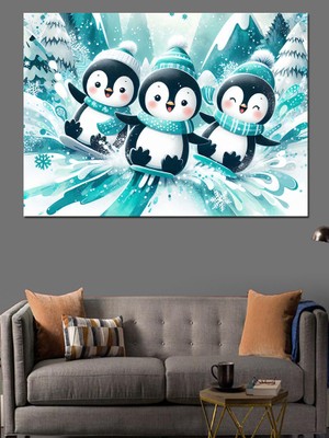 Kayak Yapan Penguenler Dekoratif Kanvas - Mdf Ahşap Tablo