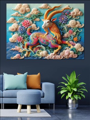 Renkli Keçi ve Çiçekler Dekoratif Kanvas - Mdf Ahşap Tablo