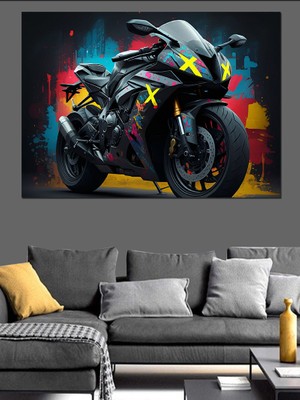Neon Işıklı Motosiklet Dekoratif Kanvas - Mdf Ahşap Tablo