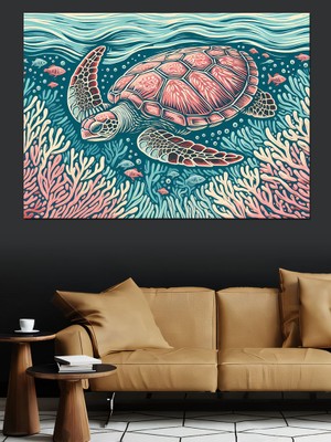 Renkli Deniz Kaplumbağası Dekoratif Kanvas - Mdf Ahşap Tablo