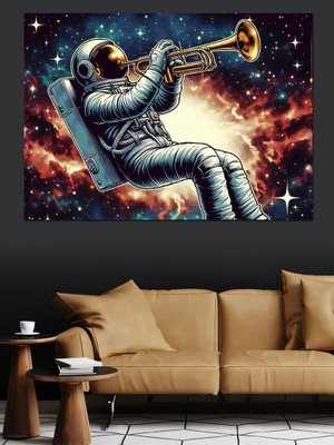 Uzayda Trompet Çalan Astronot Dekoratif Kanvas - Mdf Ahşap Tablo