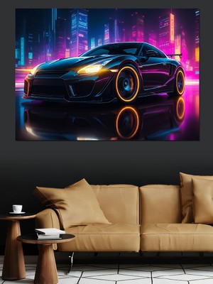 Neon Işıklı Araba Dekoratif Kanvas - Mdf Ahşap Tablo