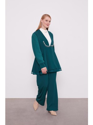 Zümrüt Şifon Kollu Taş Detay Ikili Takım