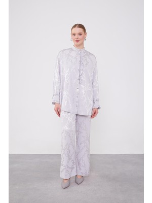 Gri Fırfır Düğme Detaylı Zncir Desen Ikili Takım