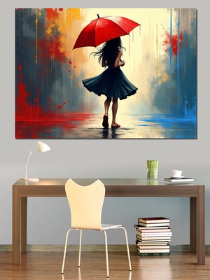 Kırmızı Şemsiyeli Kadın Figürü Dekoratif Kanvas - Mdf Ahşap Tablo