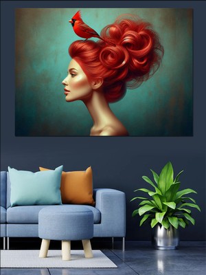 Kırmızı Saçlı Kadın ve Kuş Dekoratif Kanvas - Mdf Ahşap Tablo
