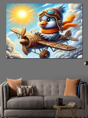Uçak ve Sevimli Kuş Dekoratif Kanvas - Mdf Ahşap Tablo