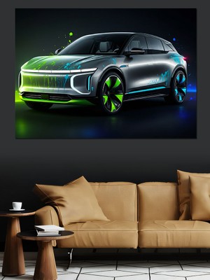 Neon Spor Araba Dekoratif Kanvas - Mdf Ahşap Tablo